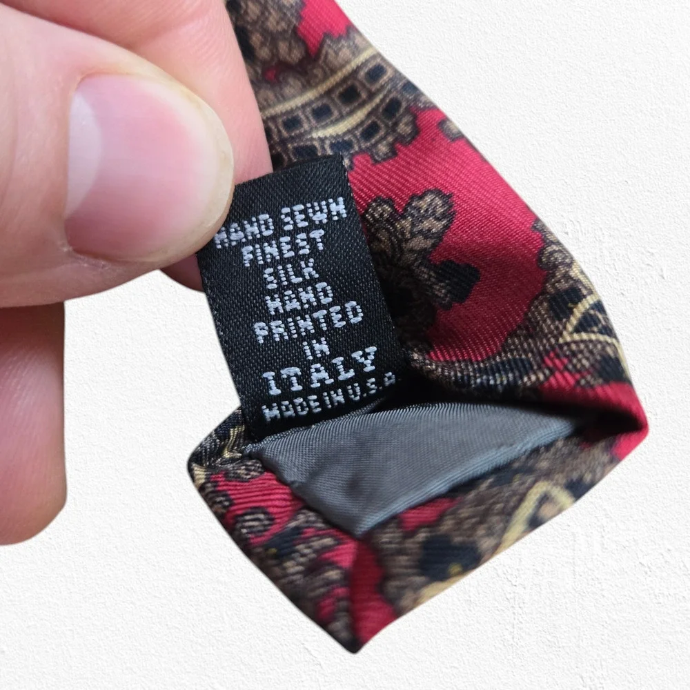 Vintage 80s Red Paisley Damask Silk Tie Hand Sewn USA Made Italy Fabric